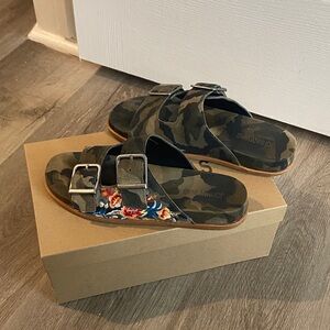 Johnny Was Green Camouflage Buckle Sandals